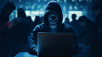 Group of hackers or scammers using laptop computers doing cyber warfare on dark technology...