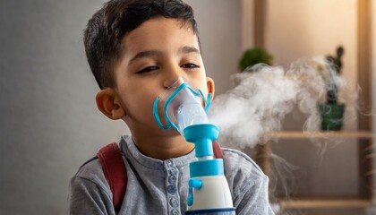 Boy wear oxygen inhaler device for helping breath respiratory. Oxygen Concentrator portable