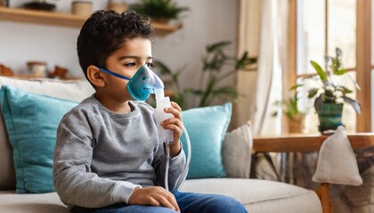 Boy wear oxygen inhaler device for helping breath respiratory. Oxygen Concentrator portable