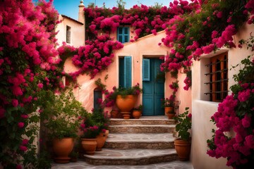 A Mediterranean-style villa with terracotta roofs and vibrant bougainvillea climbing the walls. - obrazy, fototapety, plakaty