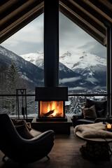 Fireplace inside a chalet with view of the mountains. Holidays in the mountains