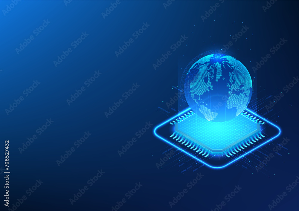 Poster microchip technology background with data transmission lines above is the world, concept of developm