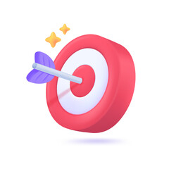 The bow hits the target in 3D. Concept of skill development for success. 3D Vector Illustration.