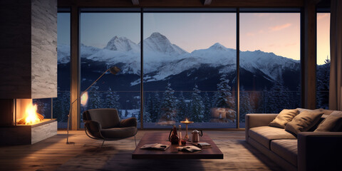 Fireplace inside a chalet with view of the mountains. Holidays in the mountains - obrazy, fototapety, plakaty