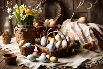 A rustic Easter picnic setting with a vintage blanket, woven baskets, and decorative eggs.