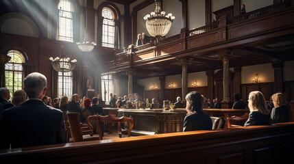 Courtroom Scene with Attentive Audience, classic courtroom environment captured in warm light with an attentive audience focused on the legal proceedings - obrazy, fototapety, plakaty