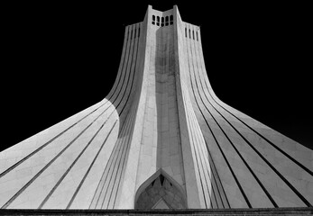 The Azadi Tower (Shahyad Tower). Details of Azadi tower. Black and white photo.