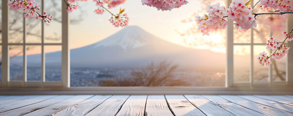 japan in the spring with cherry blossoms view blurred with bokeh out of open window - obrazy, fototapety, plakaty