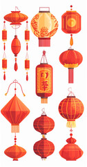 Vector set of Chinese New Year icons, featuring paper lanterns and red lamps. Illustrations depict Asian Lunar New Year holiday decorations, reflecting the richness of Oriental cultural traditions