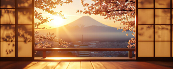 japan in the spring with cherry blossoms view blurred with bokeh out of open window - obrazy, fototapety, plakaty
