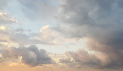 Pastel color tender dawn sky. Sunrise sky with fluffy cloud, panoramic nature weather background