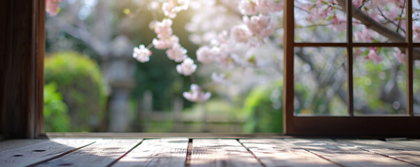 japan in the spring with cherry blossoms view blurred with bokeh out of open window - Powered by Adobe