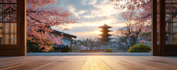 japan in the spring with cherry blossoms view blurred with bokeh out of open window