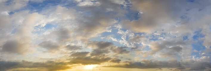 Beautiful sky landscape. Panoramic sky with cloud and sun light. Atmosphere cloudscape skyline...