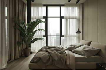 modern minimalist bed room. Clean lines, Neutral tones with pops of greenery Key elements
