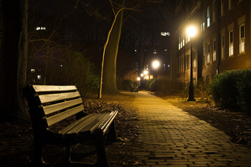 Locations on campus during the late hours Composition.the glow of streetlights on cobblestone paths 