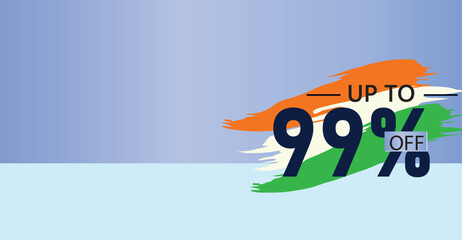 99 percent discount off banner, exclusive banner design captures the essence of the Indian flag – Saffron, White, and Green, symbolizing the spirit of freedom and unity ,illustration flat design