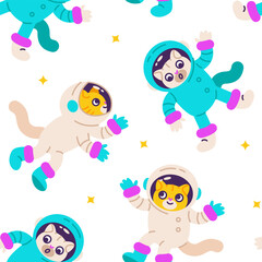Seamless patterns with cute cats astronauts. Vector space illustration