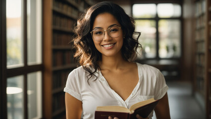 Photo of smiling latina businesswoman holding book with library background, world women's day - obrazy, fototapety, plakaty