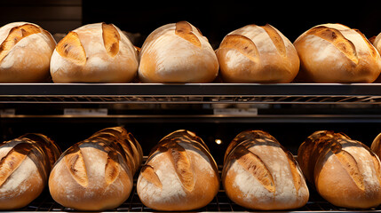 Fresh bread with golden crust on store shelves
