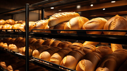 Fresh bread with golden crust on store shelves - obrazy, fototapety, plakaty