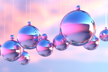Futuristic composition of suspended glass pink and blue Christmas balls