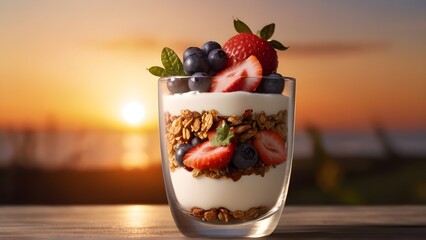 Parfait glass filled with granola yogurt and fresh fruits against morning sunrise, background image, generative AI