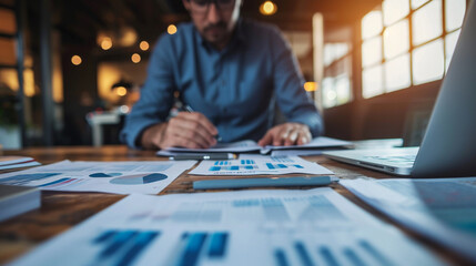Fototapeta premium A focused worker analyzing documents and reports at their desk, business situation in the office, blurred background, with copy space