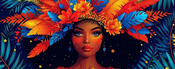 Celebrate the vibrant spirit of Brazil Carnival with this flat, bright illustration featuring a Latin woman in traditional costume. Perfect for banners, flyers, or posters with customizable text space - obrazy, fototapety, plakaty