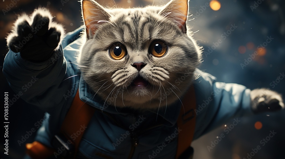Poster a cat wearing a spacesuit is floating in space