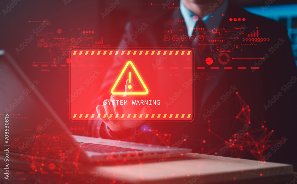 Poster system hacked warning alert on notebook (laptop). cyber attack on computer network, virus, spyware, 