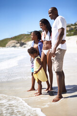 Black family, parents and children or happy at beach for adventure, holiday or vacation in summer....