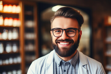 Fototapeta premium Neatly Stacked Medicines with Smiling Pharmacist