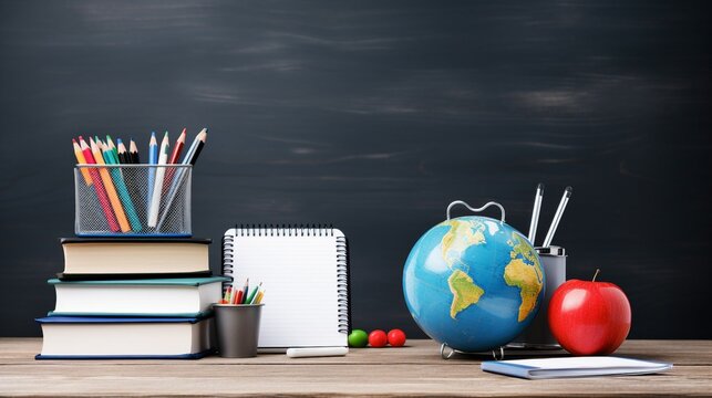 Enhance Online Learning with a Captivating Side View of a White Desk and School Supplies on Isolated Blackboard Background – Microstock Contributor’s High-Impact Image