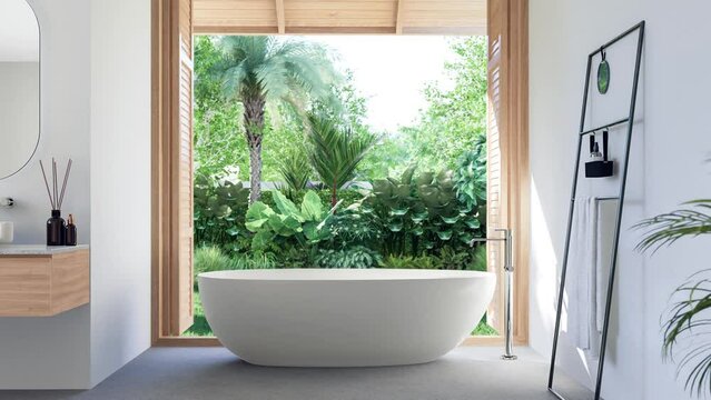 Animation of modern contemporary loft style bathroom with tropical garden view 3d render, Concrete floor and white walls, open wooden doors to see fresh green nature.