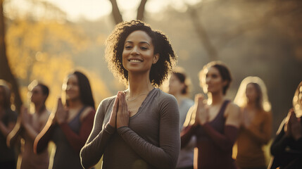 Group of multiethnic women stretching arms, Outdoor Yoga Class Focused on Breathing and Arm...