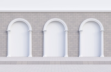Elegant white arch with Corinthian style column decorated in a gray brick wall with empty frame for content 3d render - obrazy, fototapety, plakaty