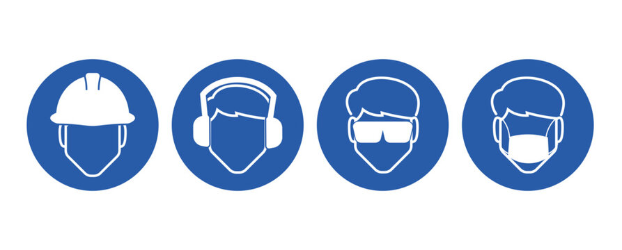 Bundle set blue round icon head protection, wear helmet, ear pad cover, goggle, face mask for industrial construction engineering safety sign