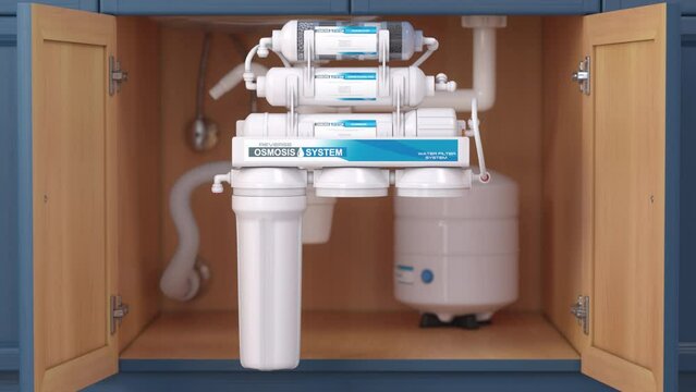 Reverse osmosis water purification system under sink. Water cleaning system installation