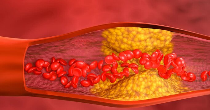 Expansion  fat in the blood vessels. Hyperlipidemia or arteriosclerosis.  human blood vessel disease with cholesterol fat buildup clogging. Clogged arteries, Cholesterol plaque artery. 3d rendering