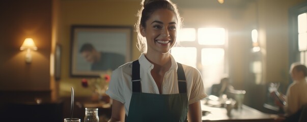 Portrait of a pretty young smiling waitress in a restaurant.