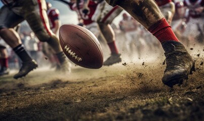 Close up of american football players foot hitting the ball on dirty football field.