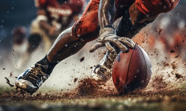 Close up of american football players foot hitting the ball on dirty football field.