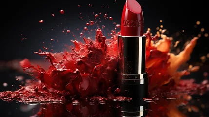 Fotobehang Red lipstick with red and orange liquid splash © duyina1990