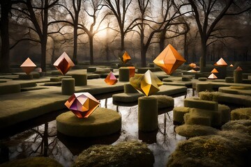 A conceptual garden with floating geometric sculptures that react to the changing weather and seasons. - obrazy, fototapety, plakaty