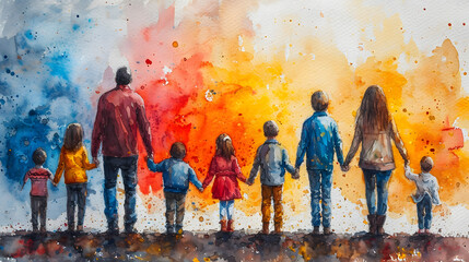 Group of people holding hand, watercolor - obrazy, fototapety, plakaty