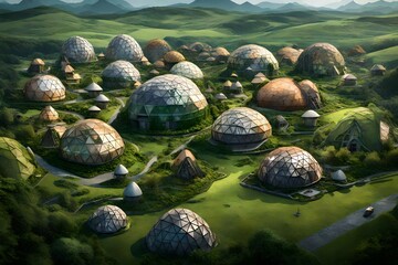 A cluster of geodesic domes nestled among lush green hills, each housing different facets of the advanced colony. - obrazy, fototapety, plakaty