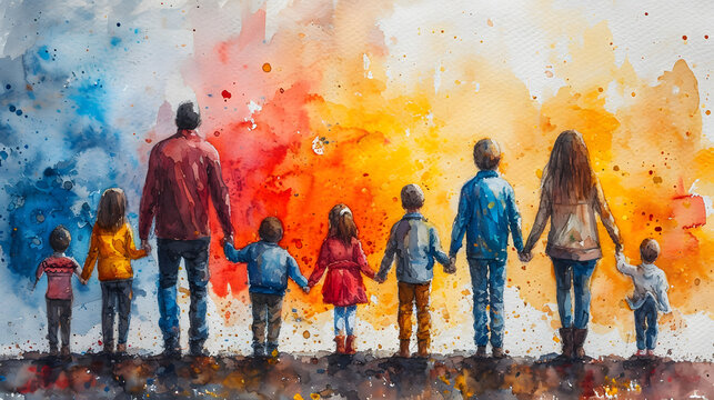 Group of people holding hand, watercolor