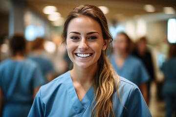 Fototapeta premium Portrait of a smiling female nurse in a blue uniform