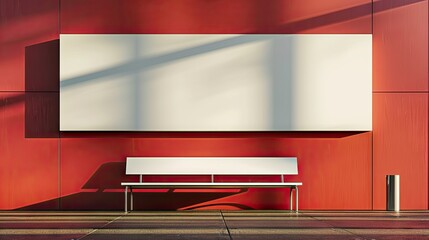 Empty bench in modern interior with blank billboard. Mock up